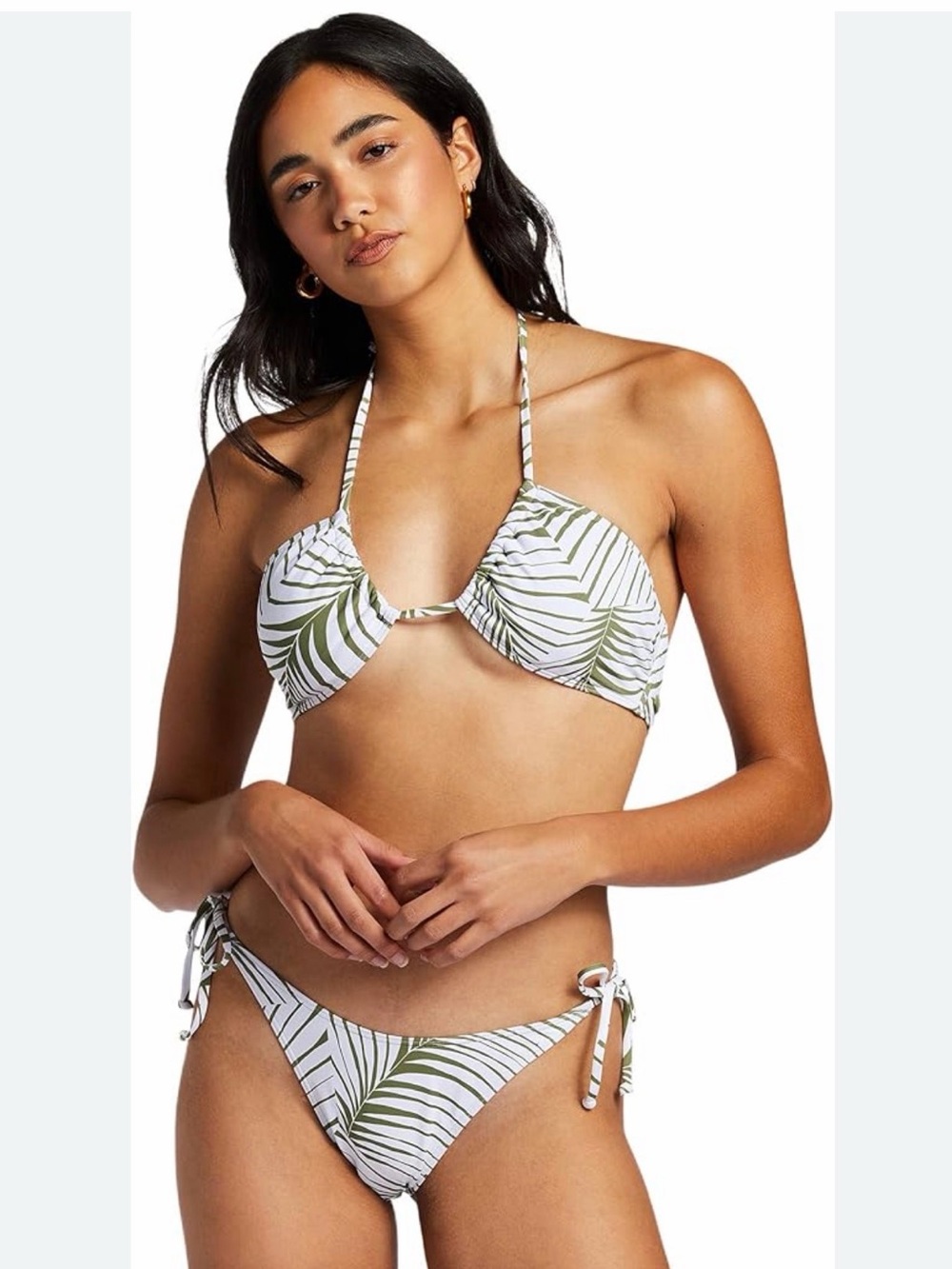 NWOT Roxy Swim White & Olive Palm Print Tie-Side Bikini